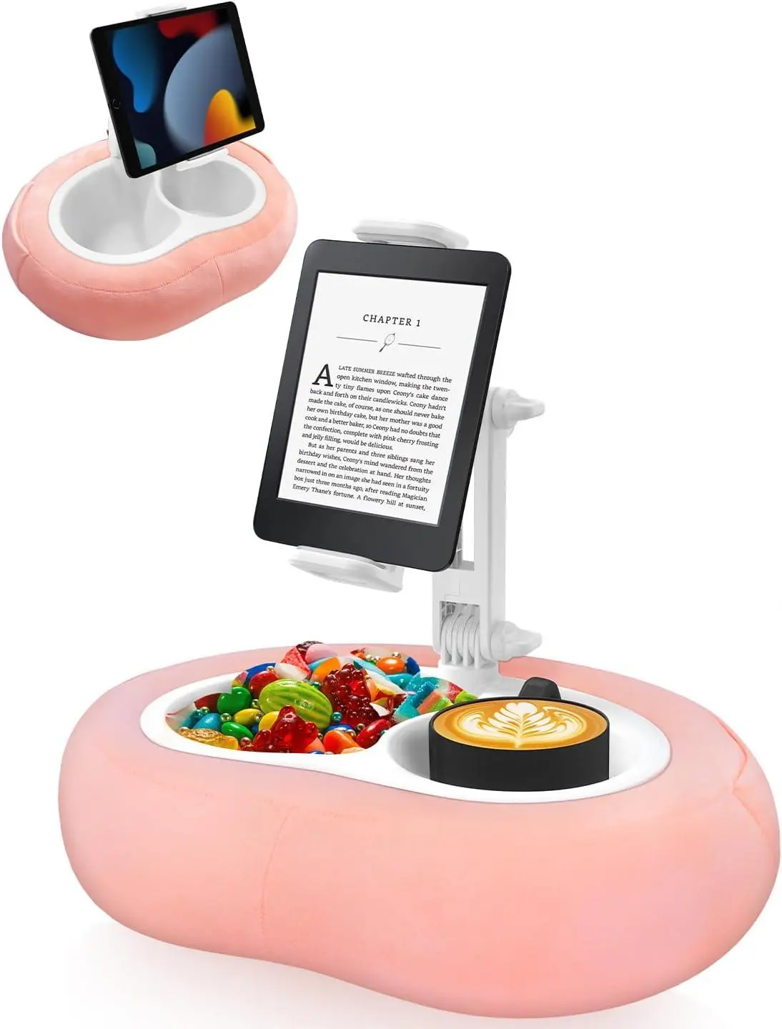 Tablet Pillow Stand for 5"-12.9" Devices, 360° Rotating Holder for Kindle, iPad, Phone/Tablet, Soft Plush Fabric with Detachable Bowl, Ideal for Reading and Relaxation in Bed, Pink Miledi