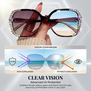 1Pcs Fashion Oversized Rhinestone Sunglasses UV400 Protection Bling Crystal Fashion Eyewear with Gradient Anti-Glare Lenses [Does not include gift box]