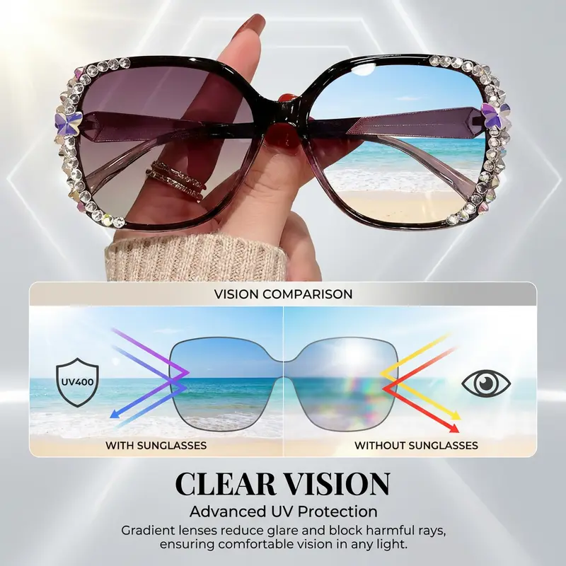 Women Rhinestone Sunglasses UV400 Protection Gradient Lenses Gift Box Luxury Rimless Round Cut Sunglasses Blue Pink Gradient Lens  main image 2