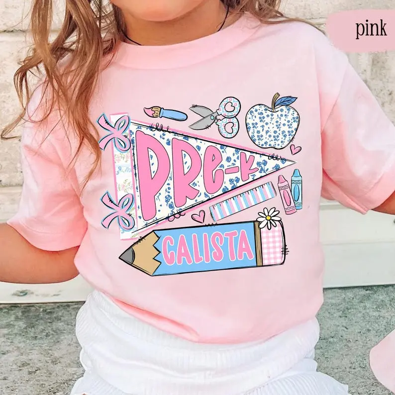 (DM or NOTE) Youth Coquette Pre-K Shirt, Shirt for Girls, PreK Kids Name Back To School Tee, PreK First Day Of Outfit, Pennant Name Toddler School Shirt