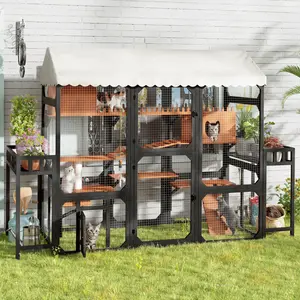 Large Wooden Catio Outdoor Cat Enclosure with 2 Plant Stands, Multi-Level Cat Playpen with Weather-Resistant Roof, Resting Box & Climbing Ramps, Wire Mesh for Backyard Patio