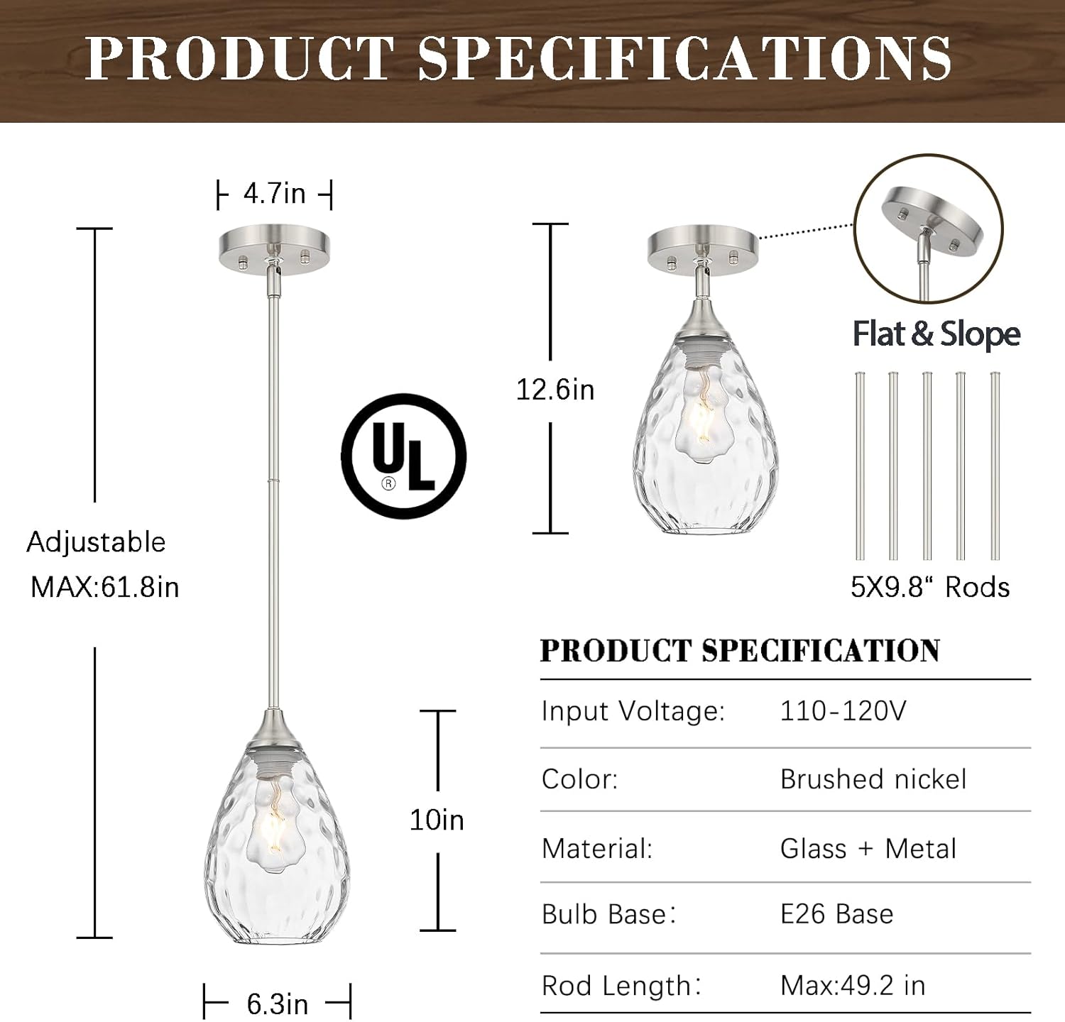 Glass Pendant Lights Kitchen Island, 1-Light Modern Brushed Nickel Fixtures with Hammered Glass & Rods Small Hanging Light for Kitchen Sink Dining Room Bathroom