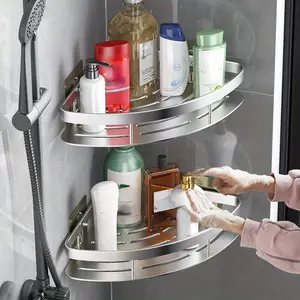1pc Bathroom Triangle Basket Suction Cup Wall Mounted Aluminum Shower Room Corner Storage Rack, No Drilling Bath Accessories, Bathroom Organizer