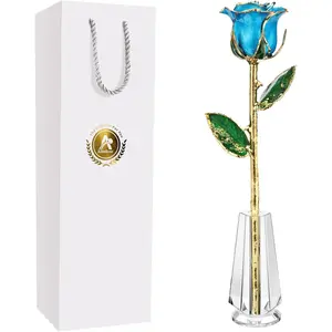 for Her, 24K Gold Rose Made from Real Rose - Gold Plated Rose for Anniversary Valentines Day (TealBlue Original Rose with Crystal Vase)