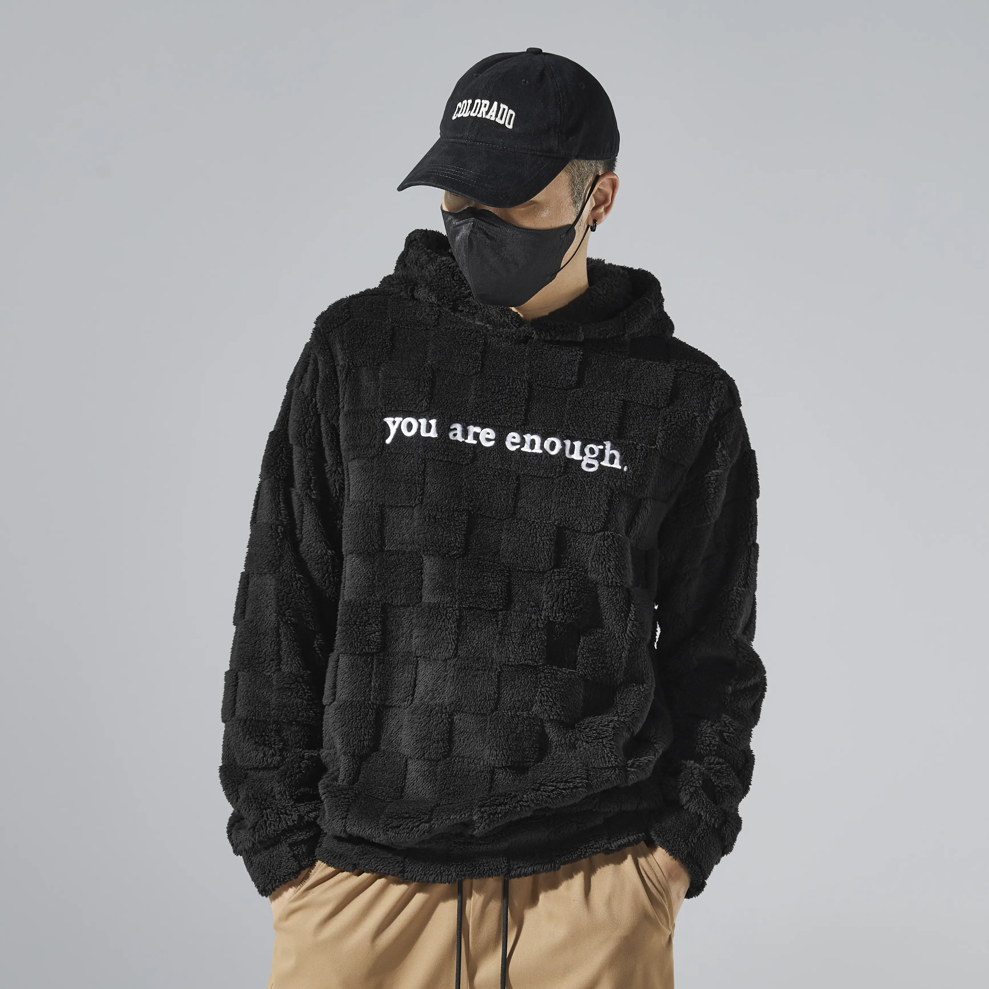 Men's Soft Polyester Striped "You Are Enough" Embroidered Fleece Hoodie - Comfiest Men's Hoodies, Casual Loose-Fit Long-Sleeve Fleece Pullover for Home Lounging