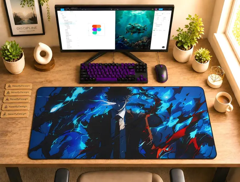 Solo Leveling Sung Jin-Woo Desk Mat, Blue Flame Anime Mouse Pad, Cinematic Neon Setup