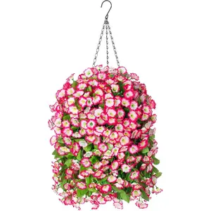 Artificial Faux Hanging Flowers Basket for Spring Summer Outdoor Porch Decor, Fake Silk Colorful Morning Glory Eucalyptus in Planter UV Resistant Look Real for Home Patio Balcony Yard(Pink)