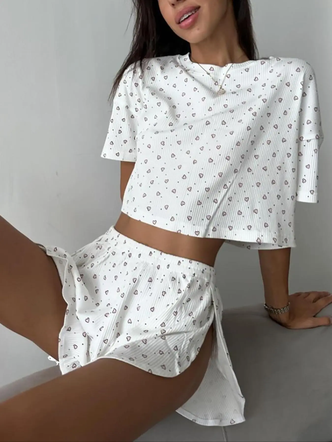 Women's Coquette Soft Breathable Knit Heart Short Sleeve Top & High-Waisted Shorts Set, Clothes, Summer Casual Loose-Fitting Loungewear, Perfect for Relaxed Home Days & Beach Vacations, Romantic Valentine's Day Gift.
