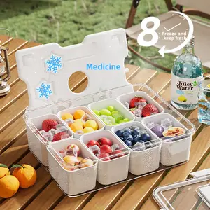 Kitchen Reusable Divided Portable Ice Food Storage Container with Leakproof Lid, Salad Draining Compartments, Cooling Fresh-Keeping Box for Fridge Fruit Meal Prep