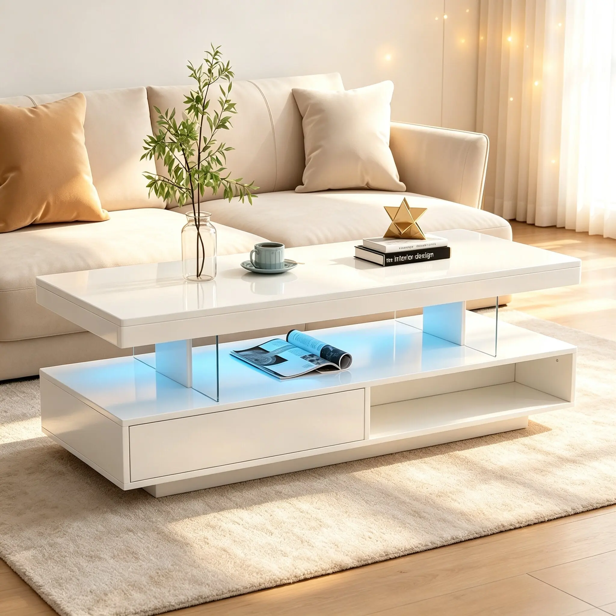 Dufominc 51.2" Rectangular LED Coffee Table - Modern Glossy Indoor Furniture with 2 Drawers, Shelves, RGB Lighting for Living Room