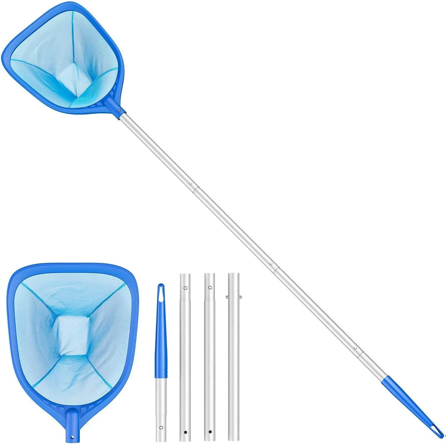 Swimming Pool Skimmer Net Total Length 57 inches, Leaf Rake Net with 4 Section Telescopic Aluminum Pole for Fast Cleaning Ponds, Hot Tub, and Spas, Po