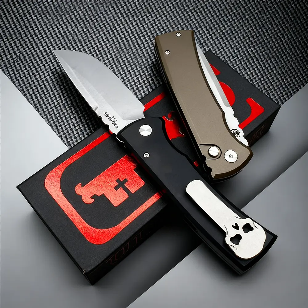 CPM S35VN 229 Folding EDC Pocket Knife, 3.38 Inch Stonewashed Drop Point Blade, Lightweight Aluminum Handle with Button Lock, Removable Pocket Clip, Multipurpose Outdoor Camping Utility Knife Packed in Premium Gift Box