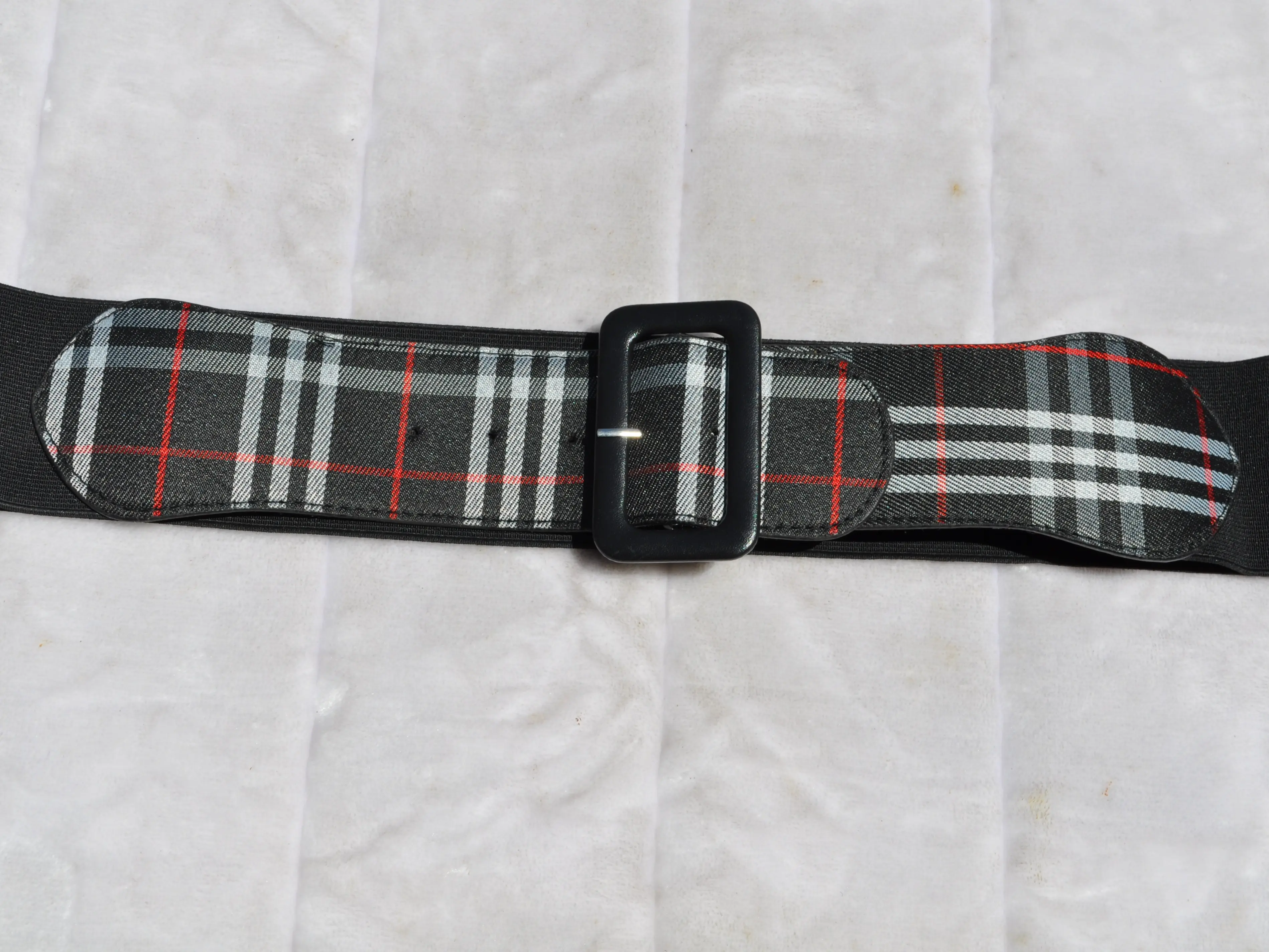 Women's tartan plaid elastic belt Buckle-Down. black, grey, and red plaid elastic belt with a black buckle retro vintage Stretchy