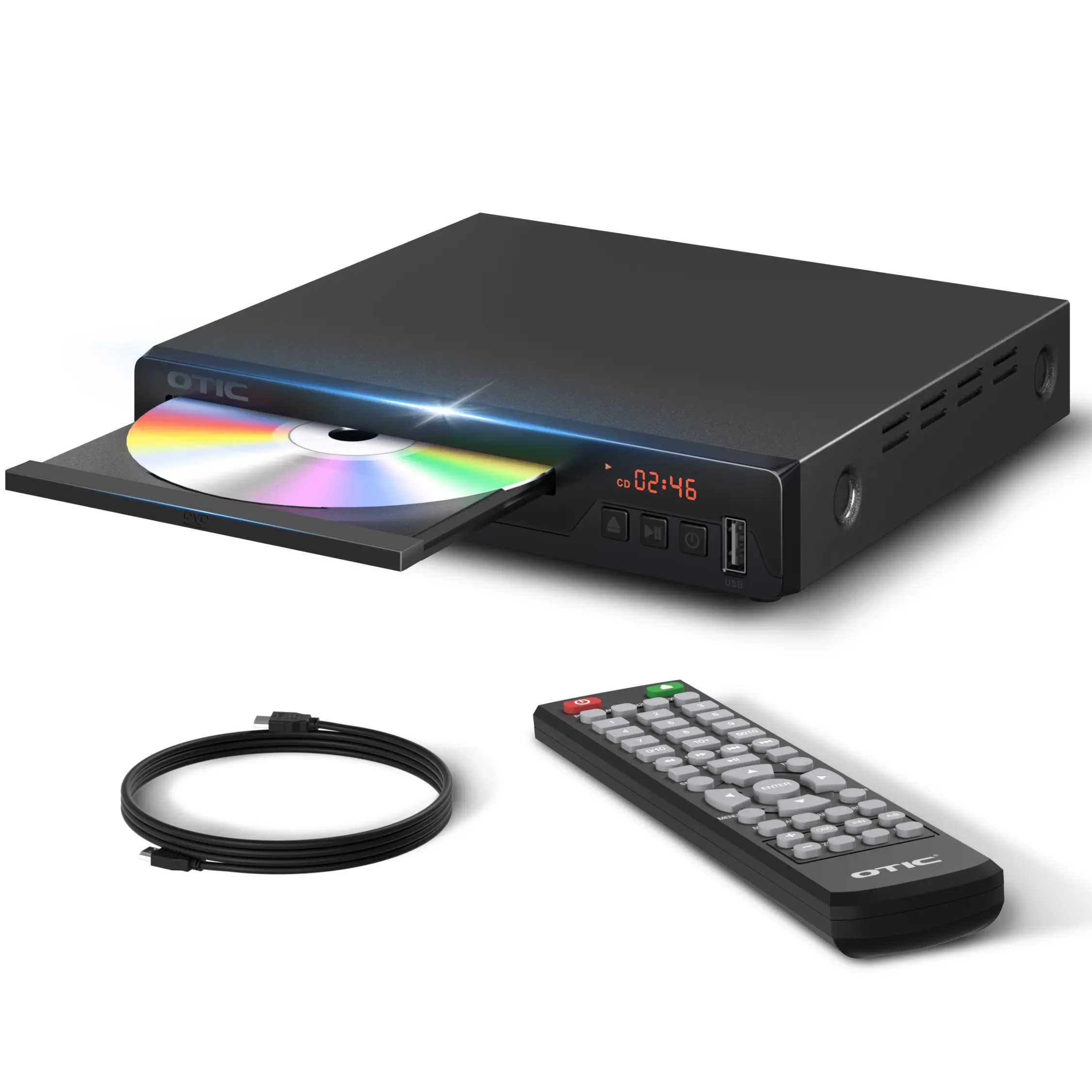 OTIC Region-Free Tabletop DVD CD Player with Compact Metal Housing, HDMI Output, USB Playback, Multi-Format Disc Support, Wired Hand Control, LED Display, Adapter for Smart TV Home Stereo Audio System, Full HD 1920x1080 Compatibility