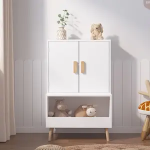 Kids Toy Storage Cabinet with Doors and Open Shelf, White