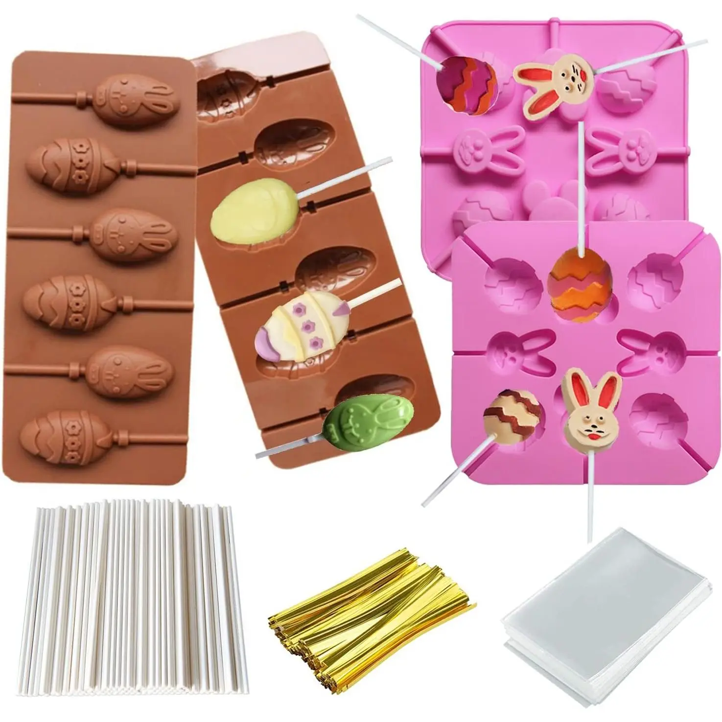 2 Pack Easter Lollipop Silicone Candy Molds Silicon chocolate Lollipop Molds 8 Cavity Bunny Egg Molds Including 80 Lollipop Sticks+100  Candy  Bags+100 Twist Ties (Pink)