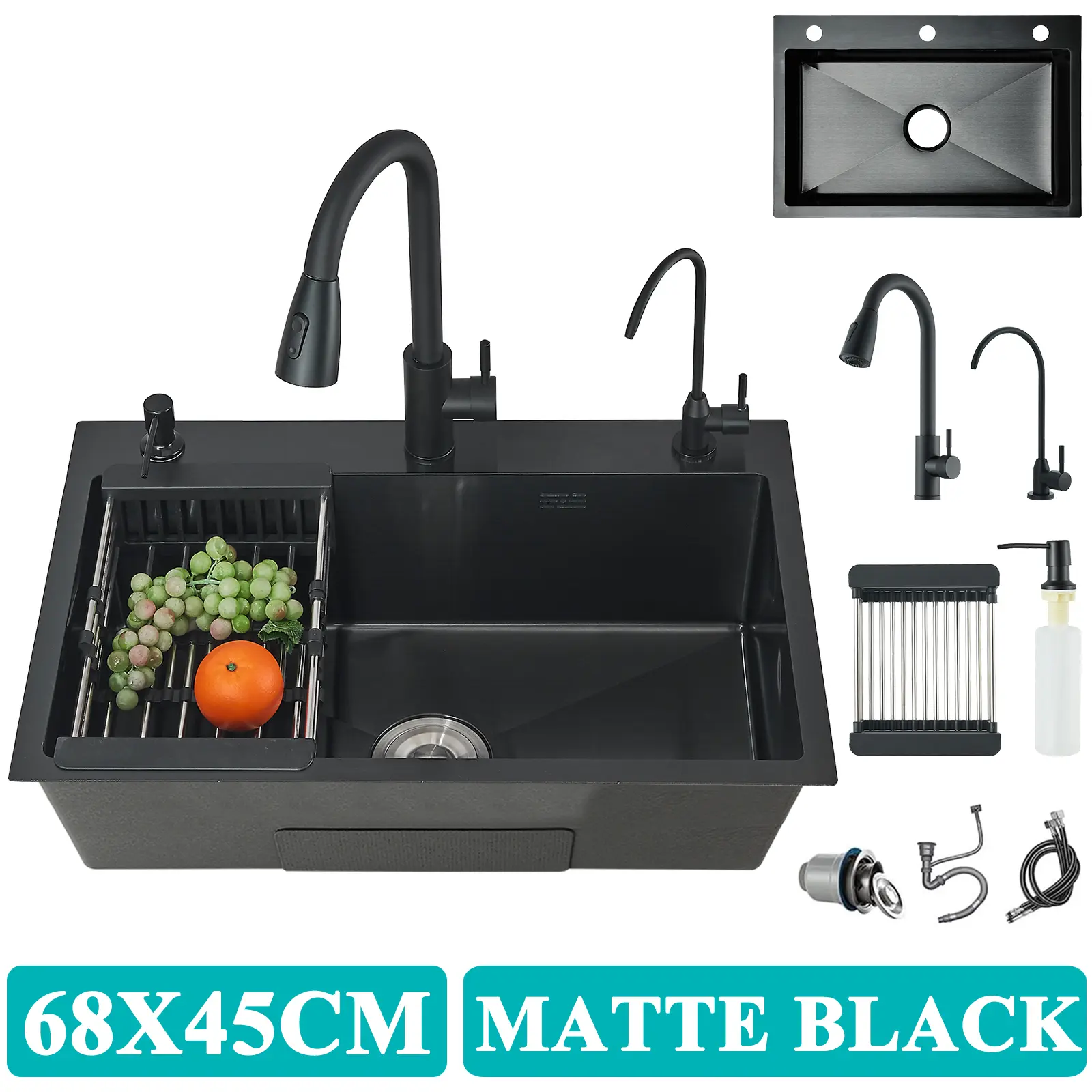 Matte Black Drop in Kitchen Sink Workstation Stainless Steel Single Bowl Kitchen Sink with Pull Down Kitchen Faucet and Soap Dispenser Farmhouse Workstation Sink with Multiple Accessories (68 * 45cm)