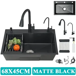 Matte Black Drop in Kitchen Sink Workstation Stainless Steel Single Bowl Kitchen Sink with Pull Down Kitchen Faucet and Soap Dispenser Farmhouse Workstation Sink with Multiple Accessories (68 * 45cm)