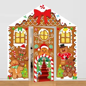 4 Pcs Christmas Door Decorations Merry Christmas Porch Photography Backdrop Xmas Front Door Decor Hanging Banner Winter Holiday Garage Door Cover for Classroom Home Party Favor Supplies (Brown)