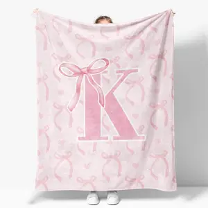 Coquette Pink Bow Throw Blanket,Personalized Initial K Soft Fluffy Cozy Flannel Blanket,Monogrammed Gifts for Daughter Women Teen Girls,Customized Blanket for Bedding Bedroom Office,50x60 Inches