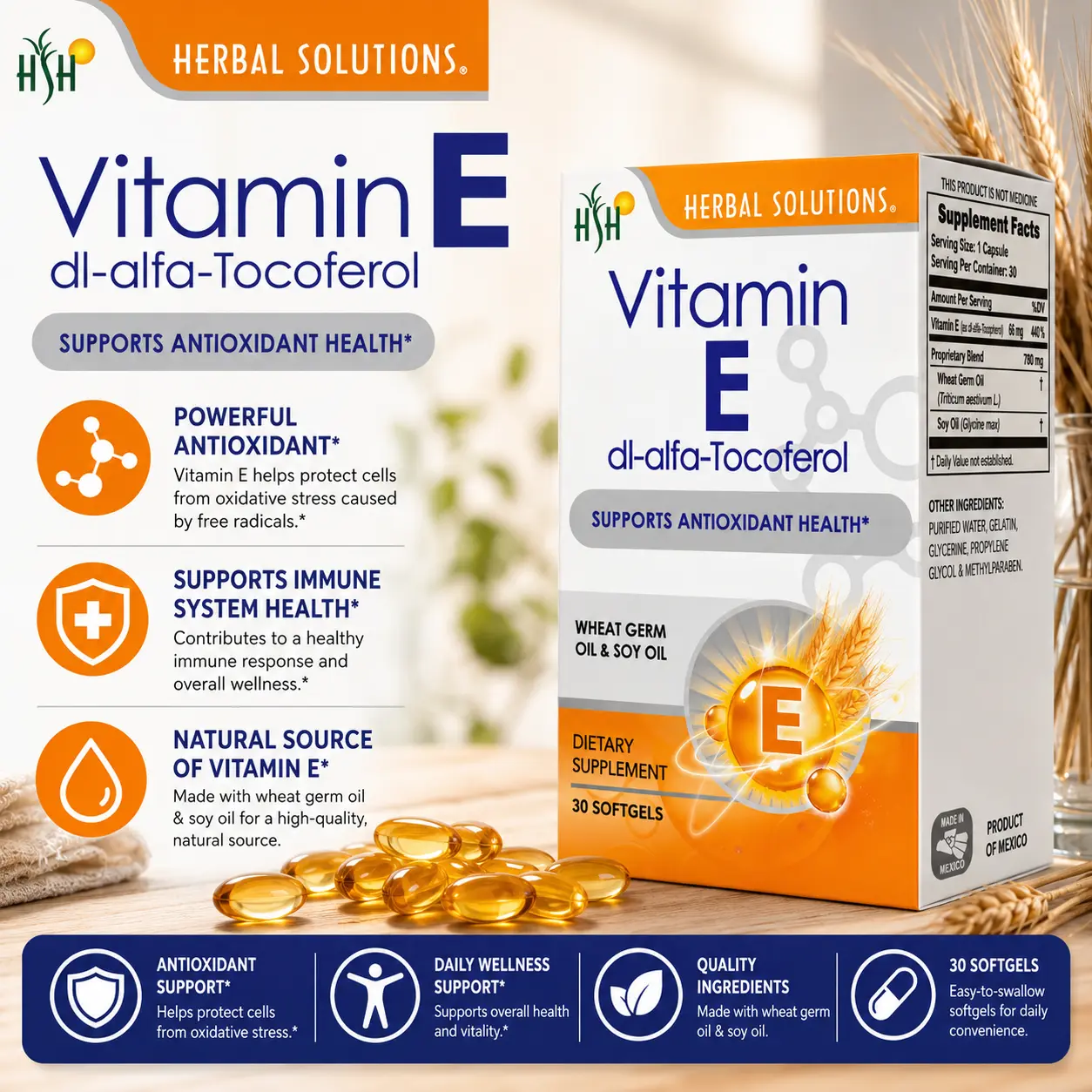 Vitamin E | Vitamin E Dietary Supplement | Softgels | 60 Softgels | Herbal Solutions