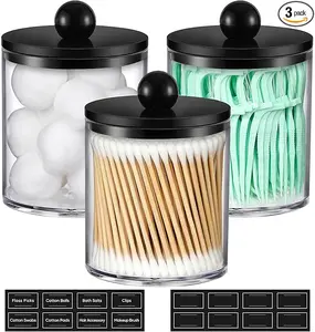 Glass Qtip Holder Set 3 Pack –  Jars with Lids, Bathroom Vanity Storage Organizer for Cotton Swabs, Pads & Floss Picks (Black)
