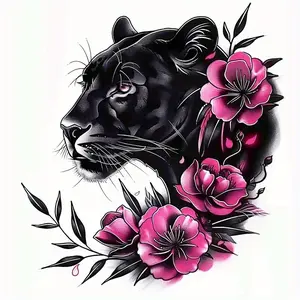 Retro Tattoo "Wild Soul" Car Stickers, Black-Pink Contrast Panther & Floral Graphic Motorcycle Windshield Decals, Waterproof & Sunproof, Suitable for Suitcases, Helmets, Car Bodies and More, Create Retro Texture, Viral Personalized Decals