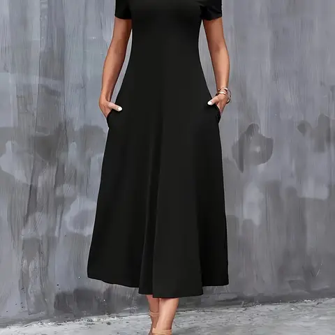 Spring Summer Fall Fashion New Women's Basic Solid Color Casual Pocket Dress, Elegant Fitted Plain Pattern Clothing, Stylish Ladies' Apparel