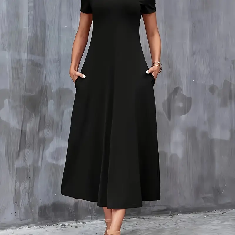 Spring Summer Fall Fashion New Women's Basic Solid Color Casual Pocket Dress, Elegant Fitted Plain Pattern Clothing, Stylish Ladies' Apparel
