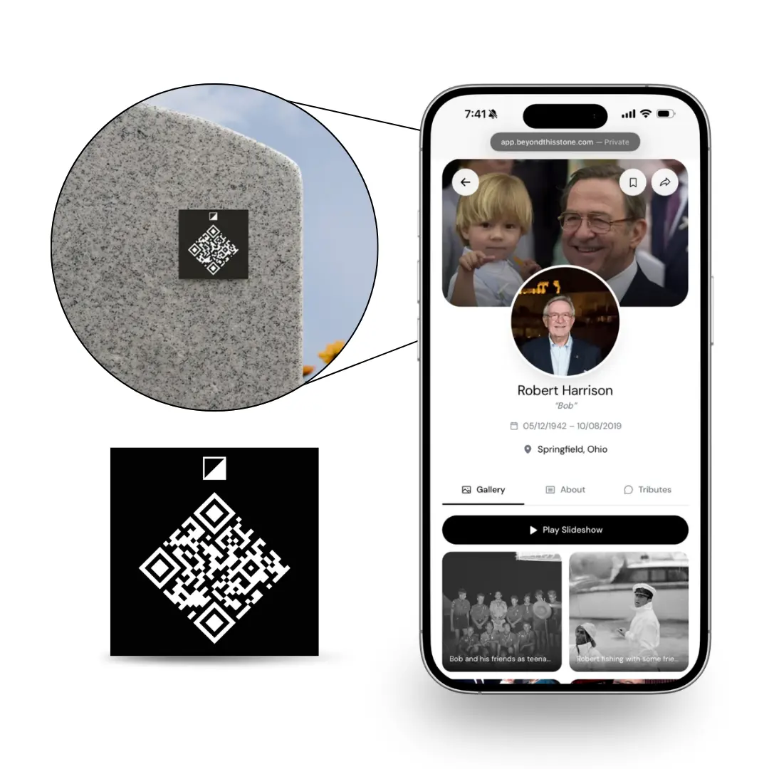 QR Memorial Plate for Headstones & Urns | Honor loved ones with a lasting digital memorial. Share photos, videos, stories, and tributes all in one place. Weather-proof aluminum, engravable. Honor their legacy
