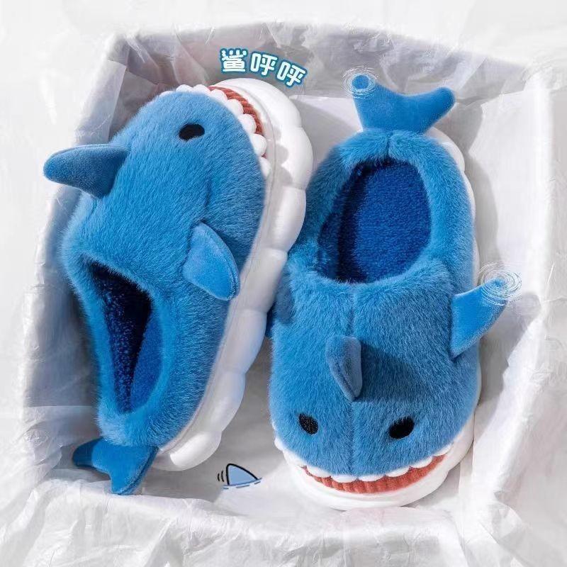 Cotton Slippers for Women Winter  Shark Cartoon Cute Fleece Lined Thick Anti-Slip Quiet Indoor Warm Cotton Shoes