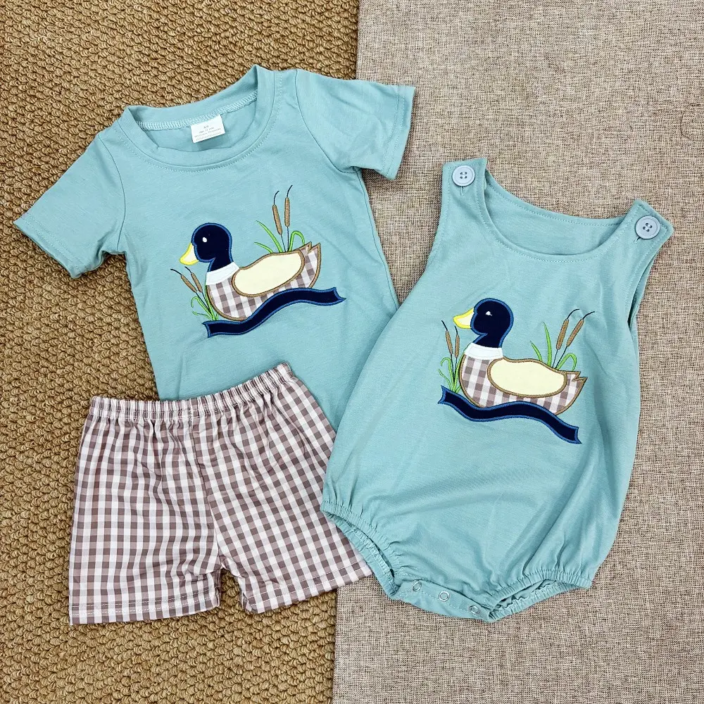 Boys' Adorable Embroidery Mallard Duck Gingham Shorts Outfit with Short Sleeves, Short Sleeve