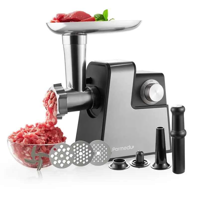 Parmedu Corded Electric Compact Stainless Steel Meat Grinder-Mincer with Solid Copper Motor, 250W Max Power, 3 Cutting Plates, Blade, Sausage Kubbe Maker, Grain Mill, Low-Noise Grinding for Calm Kitchen, Home Appliances Kitchen Food Processor That Lasts