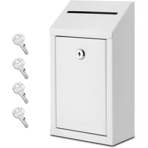 Metal Donation Box with Lock, Wall Mounted, Suggestion Box with 4 Iron , White,  Drop Box with Slot, 1-Pack