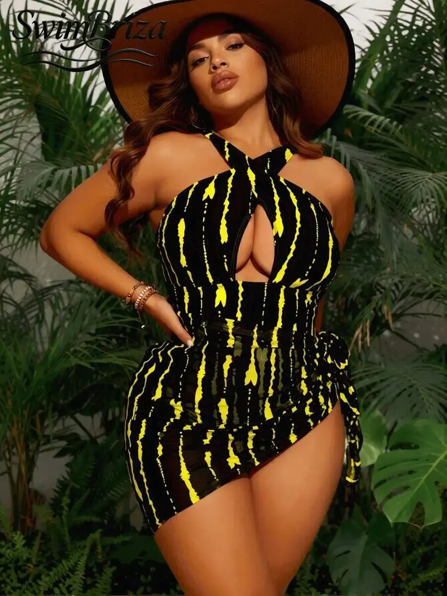 Briza Women's Halter Bold Cutout Neck Black-Yellow Stripe 1-Piece Swimsuit - Outdoor-Sport Fit, Plus Size Vacation & Poolside Confidence Swimsuits for Women