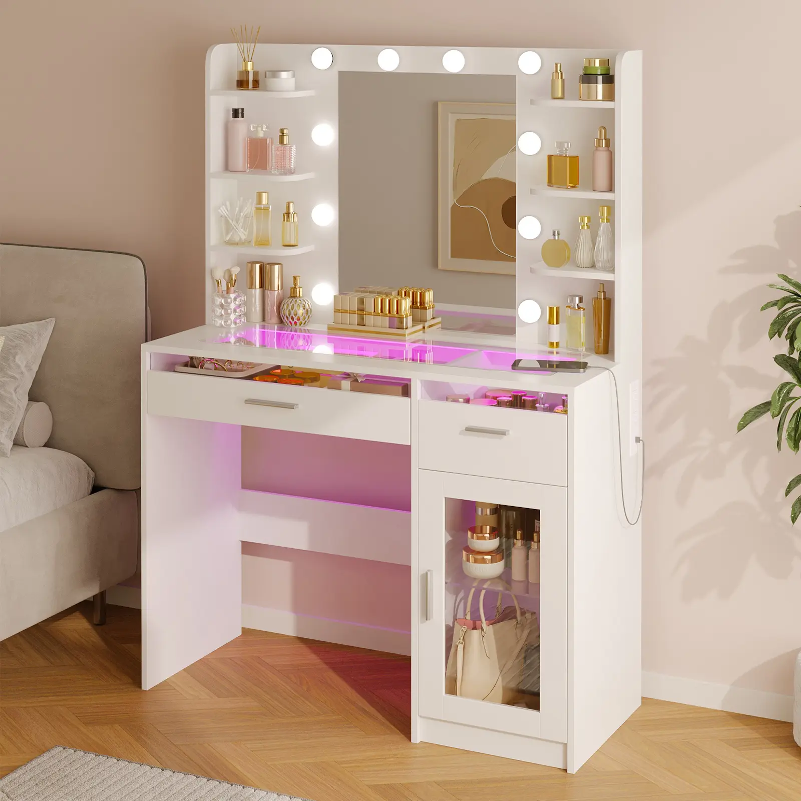 Vanity Desk with Mirror and Lights, Makeup Vanity Desk with Lights 3 Colors, Transparent Top Vanity with 2 RGB Drawers, 6 Shelves, Large Tempered Cabinet, Power Outlet, for Bedroom, White