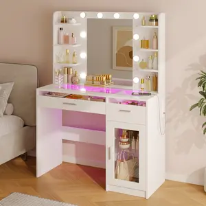 Vanity Desk with Mirror and Lights, Makeup Vanity Desk with Lights 3 Colors, Transparent Top Vanity with 2 RGB Drawers, 6 Shelves, Large Tempered Cabinet, Power Outlet, for Bedroom, White