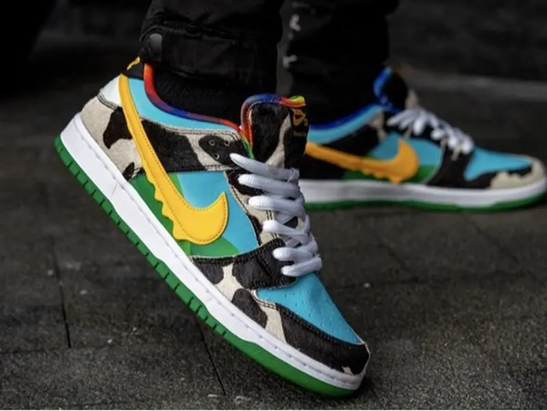 Unisex Classic Retro Hip‑Hop Low Top Skate Sneakers, cow print pony hair upper mixed turquoise blue green yellow color‑block panels, durable green rubber outsole, vintage street casual skate shoes for daily wear, street hangout and hip‑hop