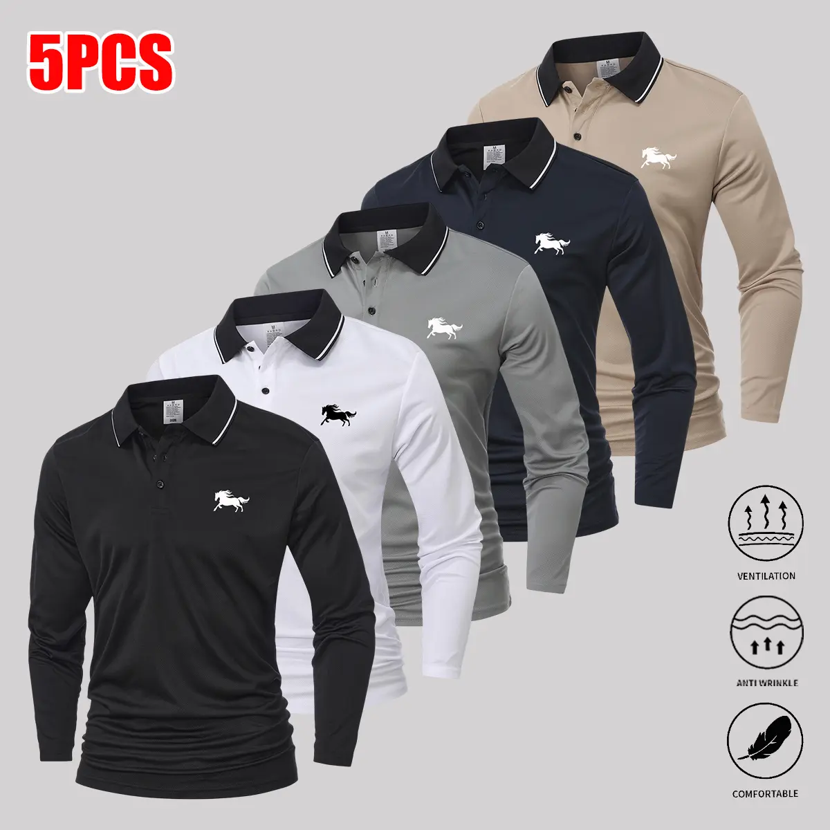 JOGWAVE 5PCS Menswear Polo Shirts Set - Men's Tops, Plain Polyester Fabric, Button Closure, Versatile Basic Design, Suitable for Bowling/Golf & Everyday Wear, Black+White+Gray+Dark Blue+Khaki Options, Ideal for Summer Business Style & Fathers
