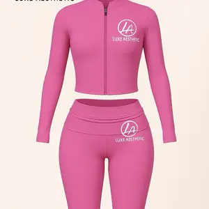 Luxe Aesthetic Boss Babe Luxe Set - Pink Long Sleeve Crop Top & High Waist Leggings with Logo