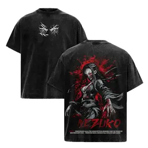 Nezuko Kamado Demon Slayer Menswear Round Neck Double Printed Tee - Vintage Unisex Oversized Washed Heavyweight Cotton Apparel, Seamless Classic Streetwear Graphic Shirt, OtakuDrop Fashion Fan Gift