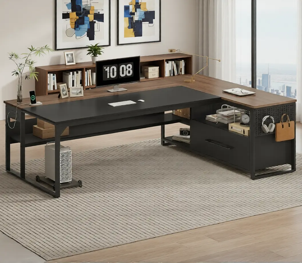 71" L Shaped Executive Desk, Reversible Computer Desk with Widen File Drawers & Power Outlets, Corner Desk with Storage Shelves, CPU Stand, Hooks for Home Office, Business Furniture (Walnut)