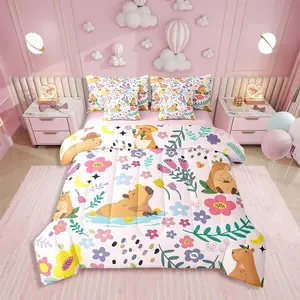 7 Pcs Floral Capybara Kids Bedding Set,Boys,Comforter Bed Set with Sheets,and Pillowcase,7 Pcs Soft Lightweight Bed Bag,Cute Children Bed Set,Flower Bed Set