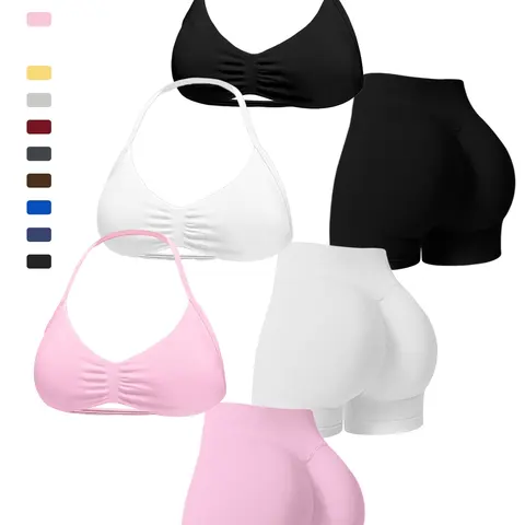 Women's Seamless Yoga Set with Bra, Gym Shorts and Sports Bra, Tight-Fitting Sportswear for All Seasons, 2 Piece Workout, Seamless Yoga Outfits, Seamless Workout Sets, Exercise Clothing