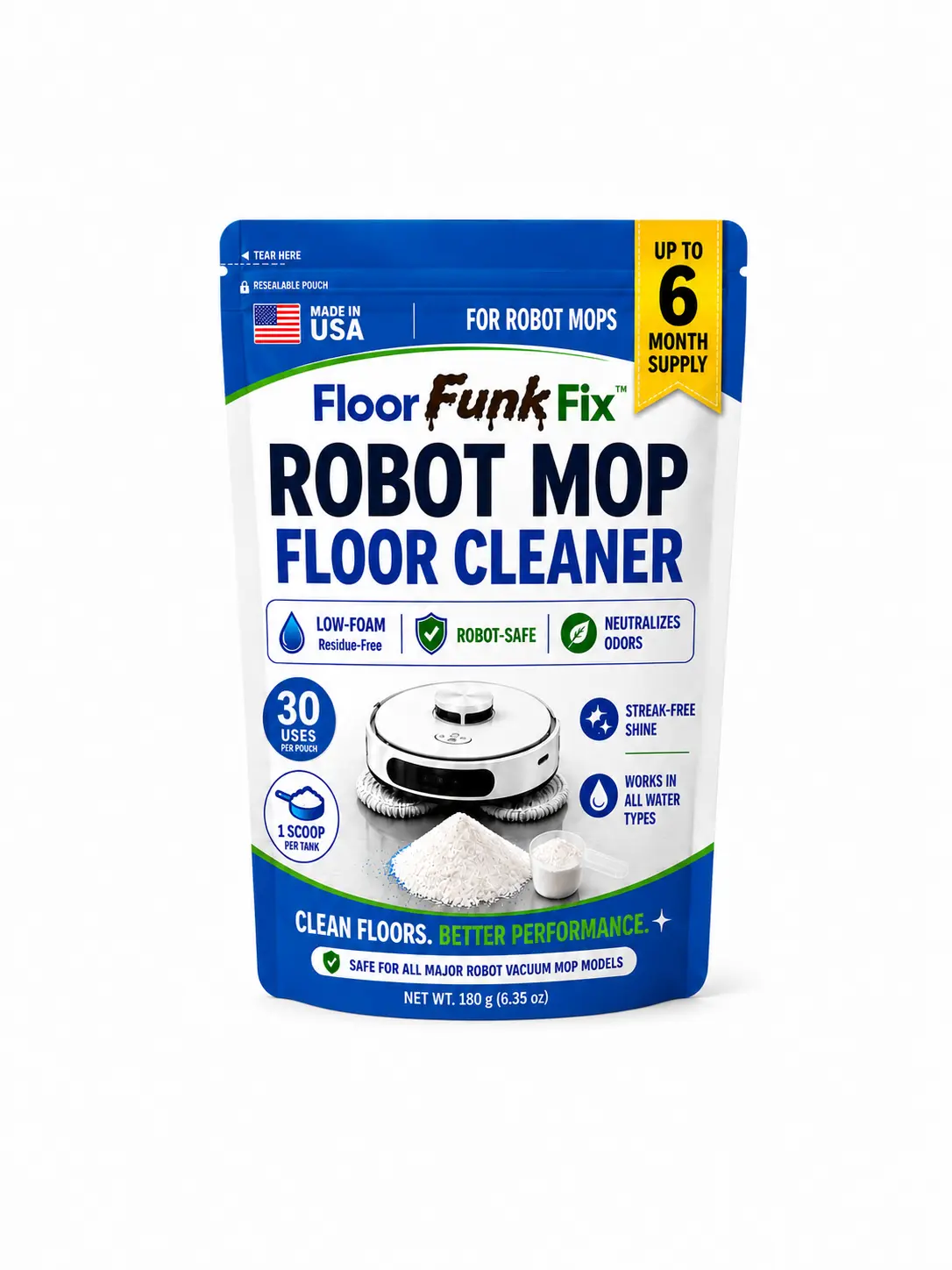 Floor Funk Fix Robot Mop Floor Cleaner | Low-Foam Powder Formula | Streak-Free Floors | Clean Water Tank Additive | Residue-Free Cleaning for Robot Vacuum Mop Systems