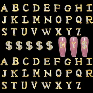 52pcs Gold Letters Alloy Rhinestone Nail Studs + 5pcs 3D Dollar Sign 3D Capital Alphabet Nail Charms Bling Jewels for DIY Acrylic Nails Manicure Crafts