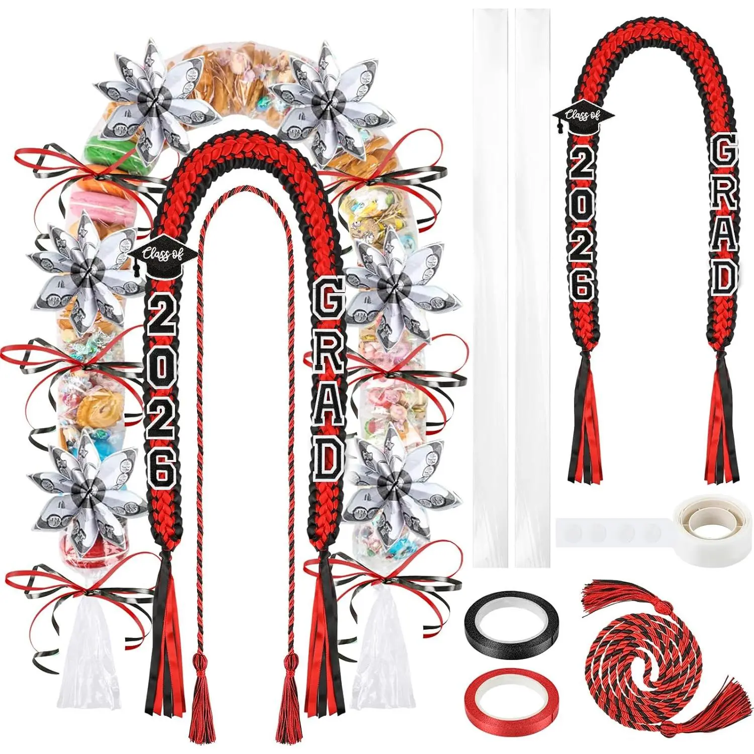 Colorful Graduation Ribbon Lei & Candy Lei Kit with Honor Cord, Party Pack, Class of 2025 Grad Party Favor Fashion Accessory Necklace
