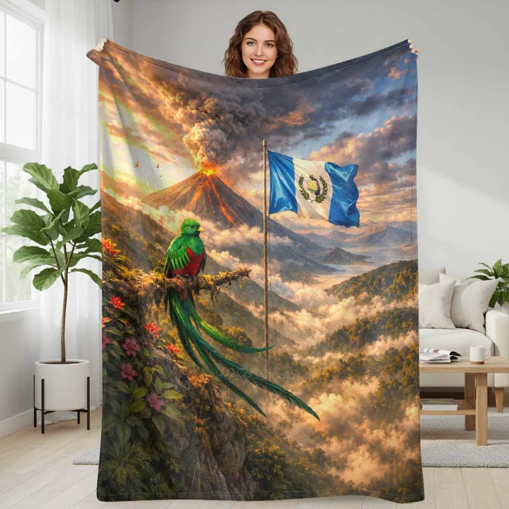 Quetzal Bird Volcano Landscape Flannel Blanket Guatemala Flag Print Super Soft Lightweight Durable Plush Throw For Home Bed Sofa Couch Living Room Camping Travel Independence Day Gift