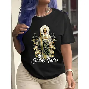 1pc Women's White Casual T-Shirt with Saint Jude Thaddeus Religious Art Print - Floral Halo Design, Faith-Inspired Graphic Tee, Machine Washable, Perfect Holiday Gift, Spiritual Clothing | Faith Expression Top | Comfortable Fit
