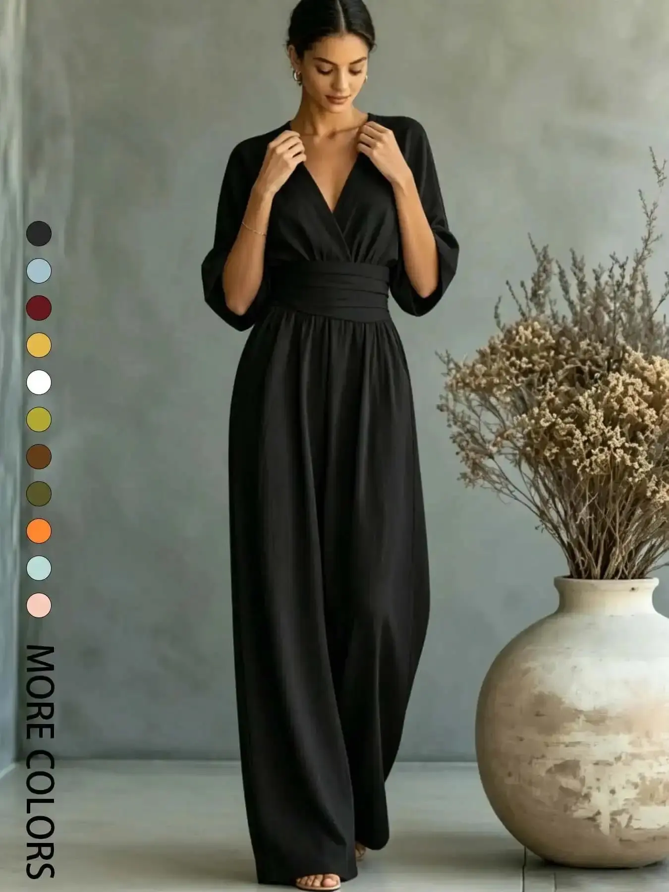 Summer new fashionable and high-end V-neck one-piece wide leg pants with cinched waist for slimming effect Bubble sleeve design is suitable daily travel outdoor lawn banquets light wedding outfits afternoon tea commuting